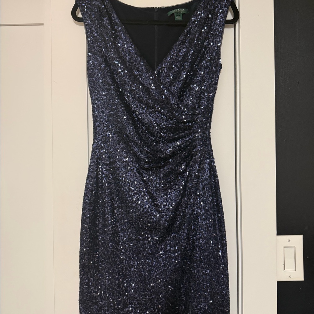 Vintage Lauren Ralph Lauren Navy Sequin Draped Cocktail Dress Size 4 LIKE NEW